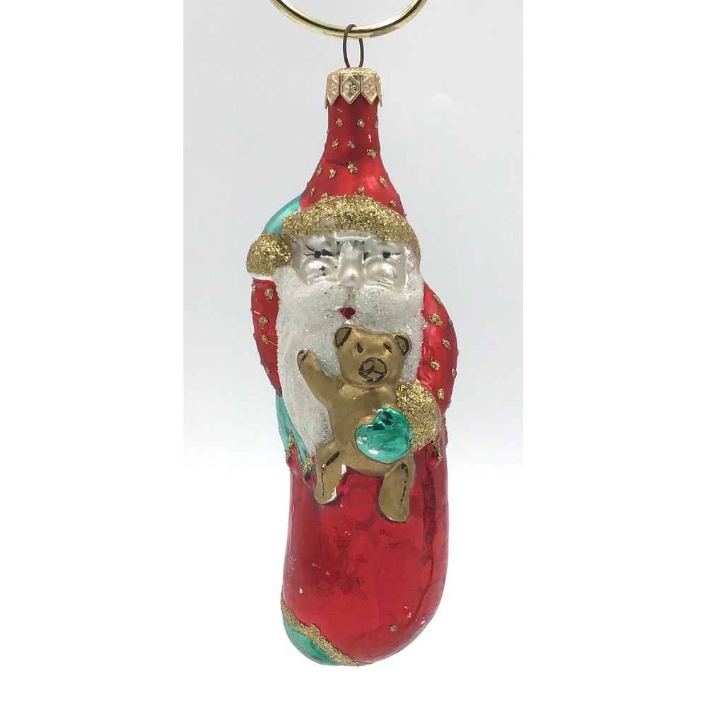Vintage Handblown Mercury Glass Santa Claus Ornament w/ Teddy Bear Red 6"